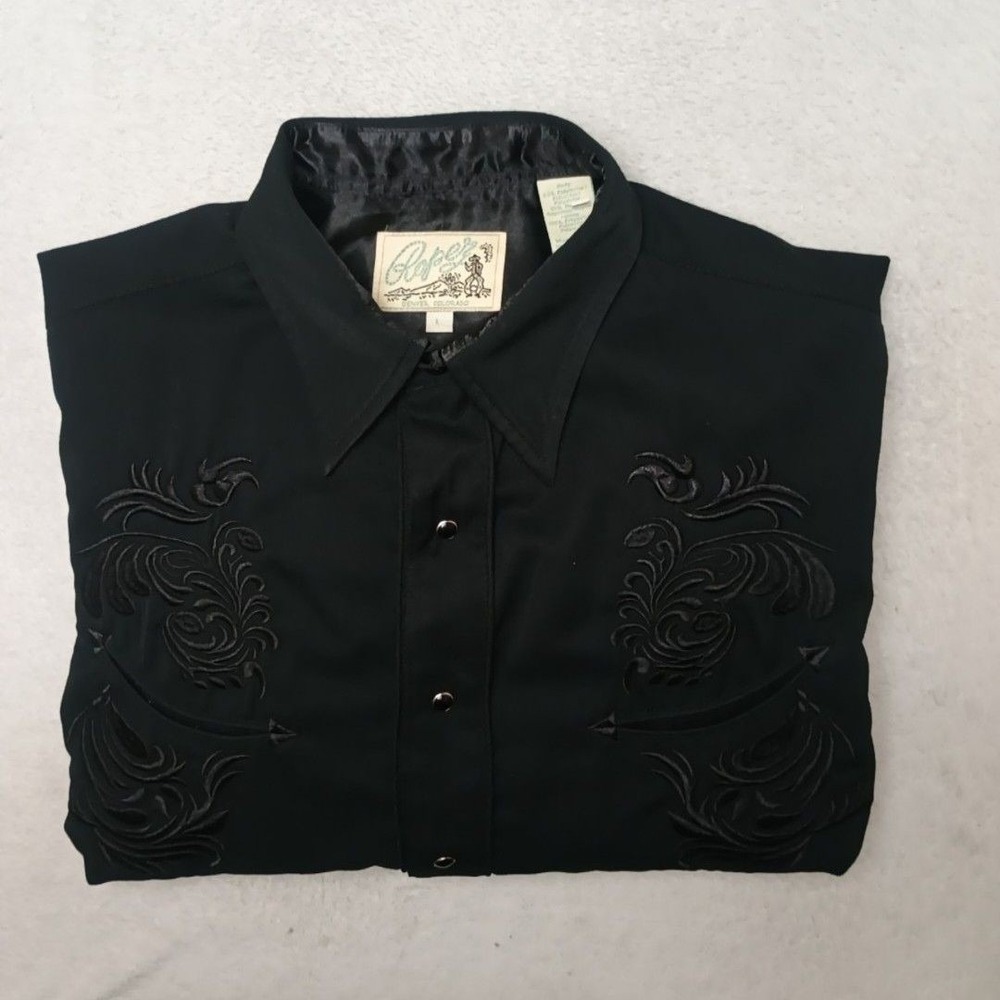 Roper Shirt Mens L Black Embroidered Pearl Snap Long Sleeve Western Rodeo Cowboy